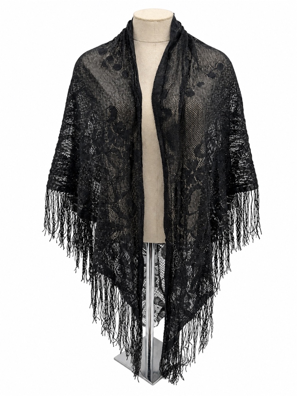 Black Floral Lace Fringe Shawl Wrap Sheer Triangle Scarf Vintage Style Gothic
